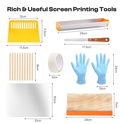 Caydo 57 Pieces All-in-One Screen Printing Kit with 3 Sizes Wood Screen Printing Frames, 15 A4 Size Inkjet Transparency Films, 6 Colors Screen Printing Ink, Photo Emulsion, Squeegee and Scoop Coater