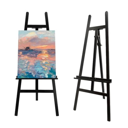 Large A-Frame Wooden Painting Display Black Easel, Large Adjustable Pine Wood Standing Easel Holding Canvas Up to 60'', Solid Wood for Display, Wedding Sign or Painting-Black - style: Black