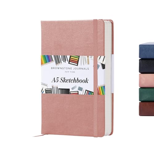 BROWNSTONE JOURNALS A5 Sketch Book Hardcover - 80 Sheets 100 GSM Paper 5"x8", Lay Flat, Vegan Leather Cover, Elastic Band, Back Pocket, Art Drawing Book (Rose Wood) - color: Rose Wood, size: A5 (5" x 8")
