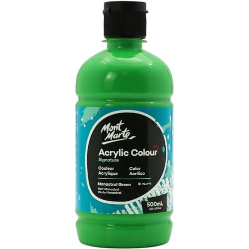 Mont Marte Signature Monastral Green Acrylic Paint, 16.9oz (500ml), Semi-Matte Finish, Suitable for Canvas, Wood, Fabric, Leather, Cardboard, Paper, MDF and Crafts - color: Monastral Green, size: 16.9 Fl Oz (Pack of 1)