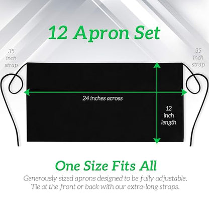 GREEN LIFESTYLE Server Aprons with 3 Pockets - Waist Apron, Waitress Apron for Women and Man, Water Resistant with Long Waist Strap Reinforced Seams, Half Apron (12 Pack - Black) - style: Bistro