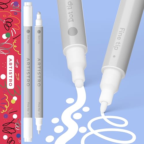ARTISTRO 2 White Dual-Tip Acrylic Paint Pens - Multisurface Markers for Glass, Rock, Fabric, Wood, Plastic & More - 5mm Dot + 1mm Fine Tips - color: White, style: Dual Tip Dot + Fine