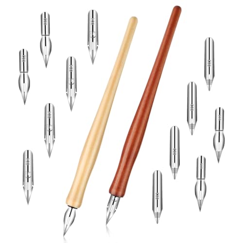 14pcs Oblique Calligraphy Comic Pen Set, 2-in-1 Wooden Pen Holder with 12 Stainless Steel Replacement Nibs for Writing, Signing, Painting, Sketching - color: brown+wood