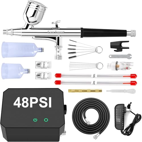 Gocheer Airbrush Kit with Air Compressor, 40 48 PSI High Pressure Air Brush Non-Clogging with 0.2/0.3/0.5mm Nozzle/Cleaning Sets, Ideal for Painting, Modeling, Cake Decor, Makeup (Black, 48 PSI) - color: Black, size: 48 PSI