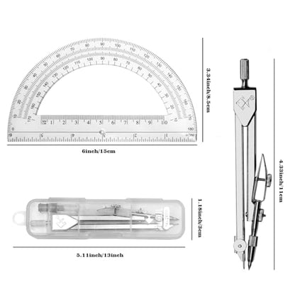Students Geometry Math Set, Drawing Compass and 6 Inch Transparent Swing arm Protractor 180 Degree Math Protractor (Transparent) - color: 1-transparent