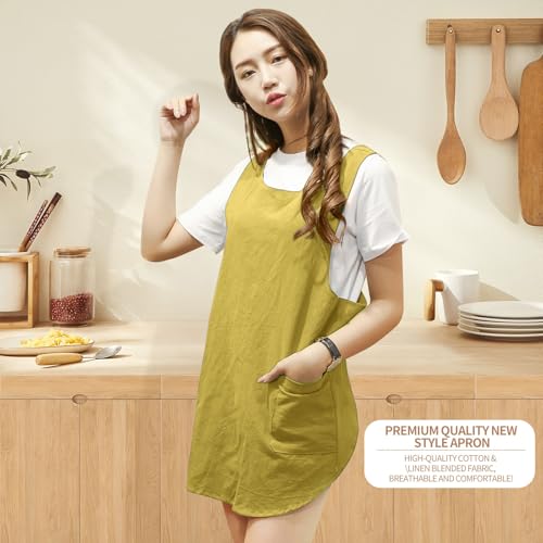 Shortened Design Apron, Japanese Style Soft Cotton Linen Apron with Two Side Pockets, X Cross Halter Aprons, Kitchen Cooking Clothes Gift for Women DIY Project, Crafting, Cooking, Baking(Yellow) - color: Yellow, style: 1# Style-rounded Edge