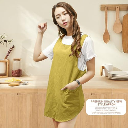 Shortened Design Apron, Japanese Style Soft Cotton Linen Apron with Two Side Pockets, X Cross Halter Aprons, Kitchen Cooking Clothes Gift for Women DIY Project, Crafting, Cooking, Baking(Yellow) - color: Yellow, style: 1# Style-rounded Edge