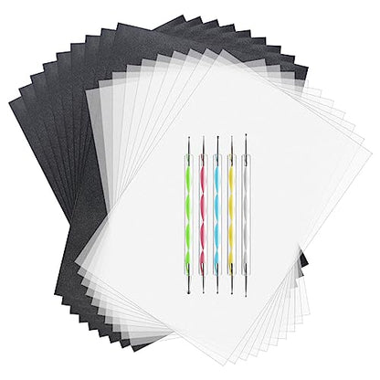 ASTARON 150 Sheets Black Carbon Copy Paper and Tracing Paper with 5 Pcs Embossing Styluses Tool Set, Carbon Transfer Paper for Tracing on Wood Fabric