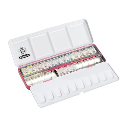 Schmincke - HORADAM® AQUARELL Paint Box Pink Lacquered Metal Box with 15 Half Pans, 12 Standard Colors + 3 Pink Shades, incl. Watercolor Brushes, 74663097