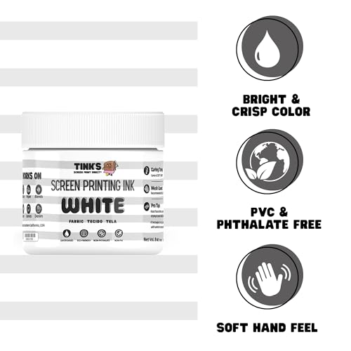 Tinks Screen Printing Ink - White - 8oz Water-Based Fabric Ink - Screen Printing, Stenciling, Tote Bags & Fabric Stamping - Non-Toxic, No Harsh Fumes, Soap & Water Cleanup - Made in California - color: White