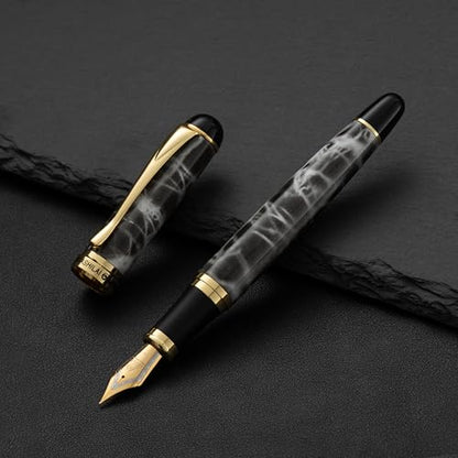 Luxury Fountain Pen Set – 46g Metal Calligraphy Pen with Gift Box, 2 Ink Cartridge Sets (Black & Blue), Flex Nib Writing Pen for Beginners & Professionals (Grey) - color: Grey
