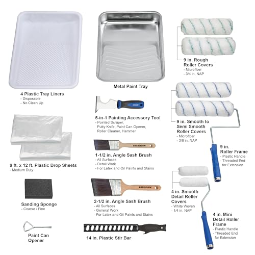 Vaughan 21 Piece Paint Kit with Brushes, Tray, Liners, Accessories, Home DIY Painting Set - 050174E