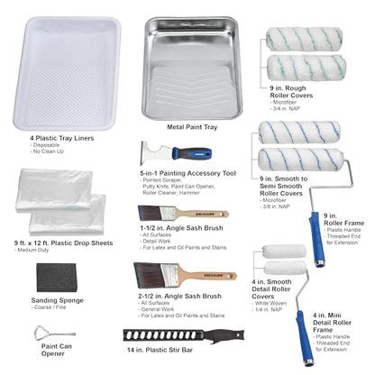 Vaughan 21 Piece Paint Kit with Brushes, Tray, Liners, Accessories, Home DIY Painting Set - 050174E