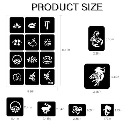 8 Temporary Tattoo Stencils, 108 PCS Henna Stencils Reusable Tattoo Stencils for Face Body Art Painting for Women Men Adults - color: 8sheets, 108pcs