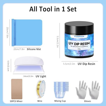 25PCS UV Dip Resin Kit for Wire Flowers Jewelry, 100g UV Dip Resin with Light Set, Crystal Clear Fast Curing Resin, Silicone Mat, UV Dip Epoxy Resin Jewelry Making Kit Supplies, DIY Art Crafts