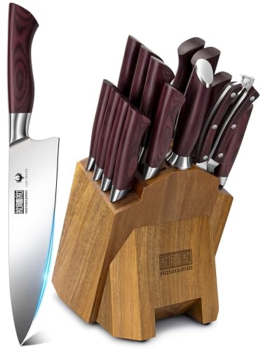 HOSHANHO Kitchen Knife Set with Block 18-Piece, Super Sharp High Carbon Stainless Steel Chef Knife Set, Professional Cutlery Knife Set with Sharpener - size: 18 Pieces Knife Set