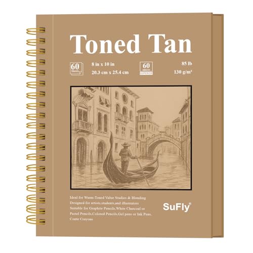 SuFly Toned Tan Paper Sketchbook, 5.5x8.5 Inches, 60 Sheets - 90lb/150gsm Tan Drawing Paper for Mixed Media, Charcoal, Graphite, Colored Pencils & White Gel Pens, 100% Recycled, Wire-O Bound. - color: Toned Tan, size: 5.5-x-8.5-inch:1 Pack
