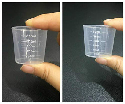 Kbraveo 100 Pack 30ml (1 OZ) Plastic Clear Graduated Cups Transparent Scale Cups Clear Measuring Cups with 100 Pack Wooden Stirring Sticks for Mixing Painting, Stain, Epoxy, Resin