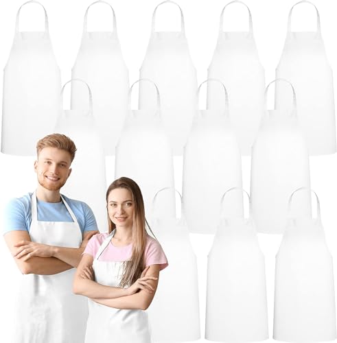 GREEN LIFESTYLE 12 Pack Bib Apron - Unisex White Aprons, Machine Washable Aprons for Men and Women, Kitchen Cooking BBQ Aprons Bulk (Pack of 12, No Pockets, White) - color: White, size: Pack of 12, No Pocket