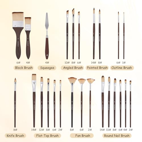 26 PCS Artist Paint Brushes for Acrylic, Professional Paint Brush, Nylon Bristles with Round, Filbert, Angle, Flat, Fan, Detail Brush, for Acrylic, Oil & Watercolor (Rosewood)
