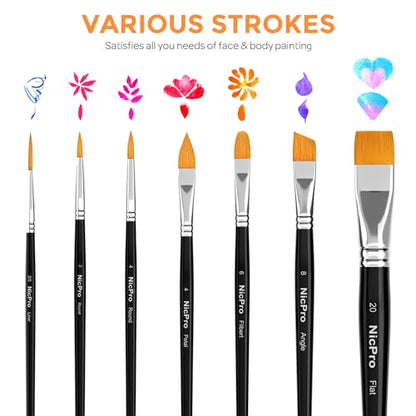Nicpro Face Paint Brush Set, 7PCS Professional Face & Body Painting Brushes with Black Handles, Synthetic Nylon Hair, Makeup Paintbrush Kit for Halloween Cosplay, Acrylic Watercolor Gouache - color: Black