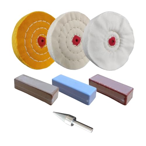 7pc 4" Buffing Polishing Wheel Kit for Drill, for Polishing Soft Metals | Includes 3pc 4" cotton buffing wheel, 3pc 100g bar compound, 1pc drill mandrel. For polishing - style: 4" X Pin-Hole 7PC