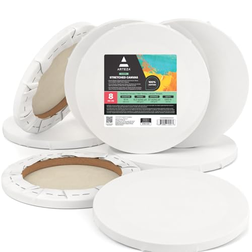 ARTEZA Round Stretched Canvas, 10 Inch Diameter, Pack of 8, Blank White Canvas Boards for Acrylic, Oil and Gouache Painting - size: 10 Inch