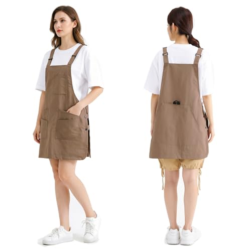 NEWGEM Waterproof Apron with Pockets for Women Cooking Painting Baking Gardening - color: 6 Pockets Khaki