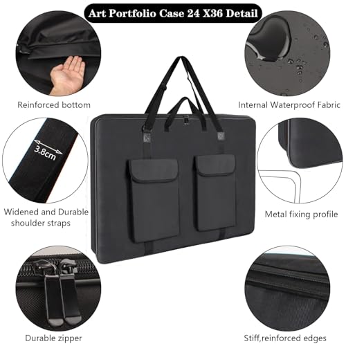 TreochtFUN Hard Side Art Portfolio Bag 24 X 36, Upgrade Heavy Duty Art Carrying Case With Metal Rigid Frame,Sturdy Fabric For Artwork, Advertising,Canvas,Boards,Screen Monitors & Displays (Black)