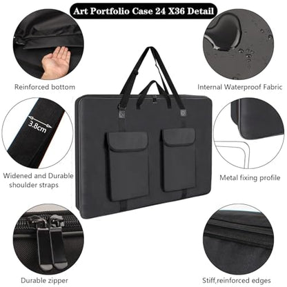 TreochtFUN Hard Side Art Portfolio Bag 24 X 36, Upgrade Heavy Duty Art Carrying Case With Metal Rigid Frame,Sturdy Fabric For Artwork, Advertising,Canvas,Boards,Screen Monitors & Displays (Black)