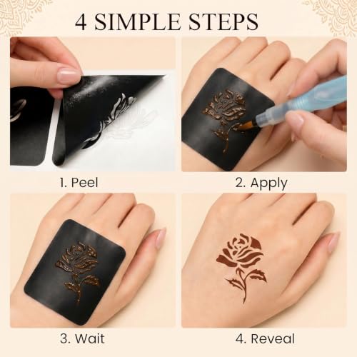 Koogel 524PCS Henna Tattoo Stencil Kit with Pen, Reusable Body Art Templates for Festivals, Parties & Weddings, Perfect DIY Craft Gift for Women, Girls, Kids
