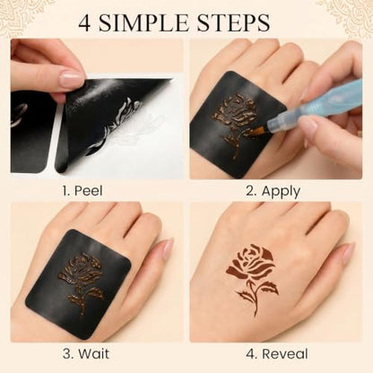 Koogel 524PCS Henna Tattoo Stencil Kit with Pen, Reusable Body Art Templates for Festivals, Parties & Weddings, Perfect DIY Craft Gift for Women, Girls, Kids