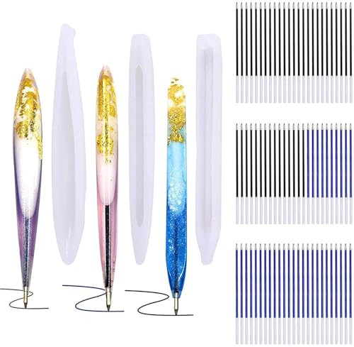 JANYUN 3 Pieces Pen Shape Resin Mold Ballpoint Pen Silicone Molds Epoxy Resin Molds Resin Casting Molds with 75 Pieces Ballpoint Refill Pens for DIY Resin Crafts Making (Black Blue) - color: Black Blue