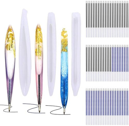 JANYUN 3 Pieces Pen Shape Resin Mold Ballpoint Pen Silicone Molds Epoxy Resin Molds Resin Casting Molds with 75 Pieces Ballpoint Refill Pens for DIY Resin Crafts Making (Black Blue) - color: Black Blue