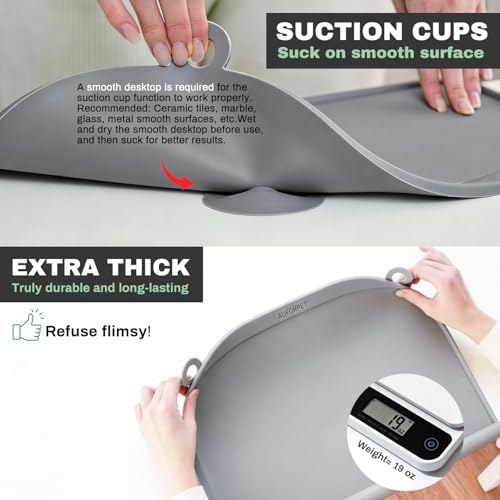Large Silicone Suction Table Mat, 17" x 12" Thick Placemat with Edge-Bumper, Raised Edge Leakproof, Non-Slip for Kids Toddler Baby Essentials Dinning, Restaurant Eating, Plates, Art, Craft & Painting - color: Gray