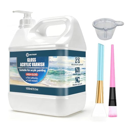 Large Gloss Acrylic Varnish with Pump, High Gloss Clear Sealer for Acrylic Paintings, Quick-Dry Water-Based Non-Toxic, UV & Yellowing Protection, Multi-Surface with Bonus Brush (1050ml) - size: 1050ml