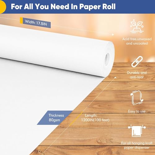 Vanhench White Wrapping Paper 17.5"x1200"(100'), Bulletin Board Easel Painting Drawing Banner Craft Kraft Paper Roll Kids Art Supplies, Chart Poster, Floor Covering Wedding Gift Wrap 80GSM 55LB - color: White, size: 17.5" X 100‘