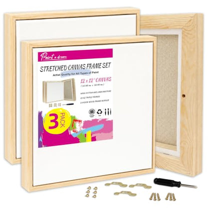 3 Pack 12 x 12 inch Floater Frame Canvas –Gallery Wrapped Canvas Set with Cotton-Linen Blend (400 GSM), 15 oz Acid-Free, Warp Resistant, Strong Three-dimensionality, Ready to Hang for Oil and Acrylic - size: 3pk - 12x12"