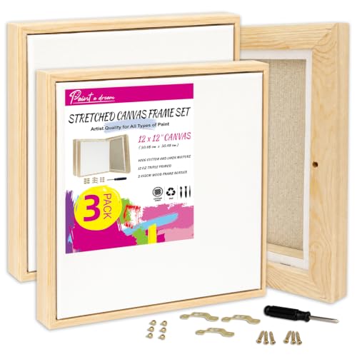 3 Pack 12 x 12 inch Floater Frame Canvas –Gallery Wrapped Canvas Set with Cotton-Linen Blend (400 GSM), 15 oz Acid-Free, Warp Resistant, Strong Three-dimensionality, Ready to Hang for Oil and Acrylic - size: 3pk - 12x12"