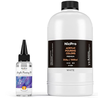 Nicpro Titanium White Color Acrylic Pour Paint, 33.8 Ounce Pre-Mixed Pouring Paint Supplies with Silicone Pour Oil & Gloves for Canvas, Rock, Wood Cell Creation Flow DIY Art Painting, Ready to Pour - color: 33.8oz-white