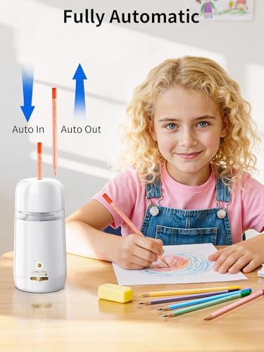 JARLINK Automatic Electric Pencil Sharpener - Hands-Free Operation, 3 Sharpness Modes, 3-Second Sharpening, Rechargeable & Portable for 7-12mm Pencils, Ideal for Classroom and Home Use (White) - color: White