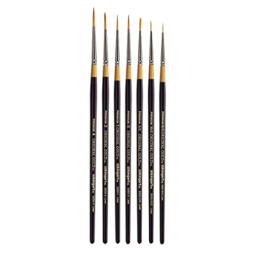 KINGART Premium 7 pc. Original Gold 9350 Series Liner Artist Brush Set, Synthetic Golden Taklon Hair for Acrylic, Oil, Watercolor Painting, Short Handle, 7 Sizes: 18/0, 10/0, 2/0, 0, 1, 2, 4 - size: Set of 7