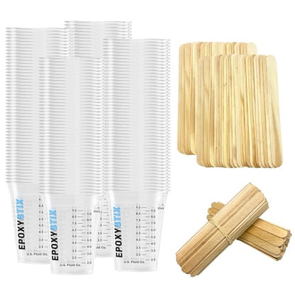 [100 Pack] 12oz Graduated Mixing Cups with 100 Mixing Sticks – 50 Flat Stir Sticks & 50 Paddle Stirrers – Clear Plastic Cups with oz/mL Markings – for Epoxy, Resin, Paint, and Crafts - size: 100 Count