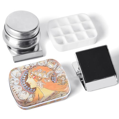 Portable Mini Tin Box,12-Well Empty Watercolor Palette,Small Paint Storage Travel Artist Outdoor Sketch Watercolor Kits with Magnetic Clip and Oil Pot.Mucha - color: Outdoor Painting Set-mucha