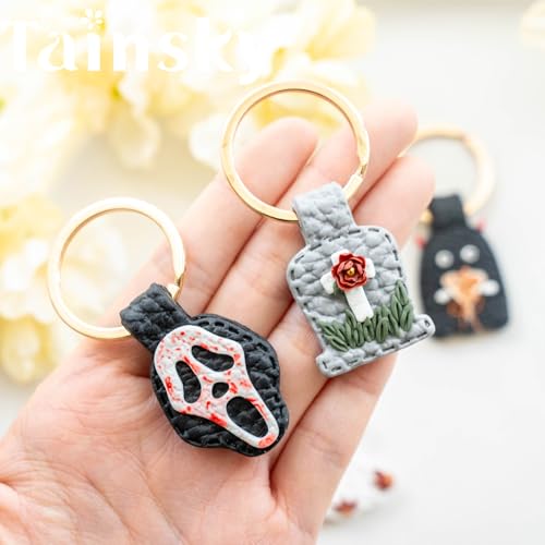 Tainsky Halloween Shapes Keychain Polymer Clay Cutter, 10 Shapes Fall Polymer Clay Keychain Cutters (B) - color: Keychain-B