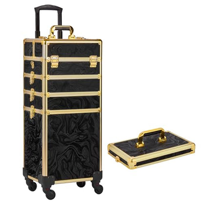 Somduy Rolling Makeup Case, Makeup Train Case with Lid, 5 in 1 Cosmetology Case on Wheels, Christmas Gift, Large Makeup Organizers, Profesional Cosmetic Case for Salon Barber, Pattern Black Gold - color: Black Gold