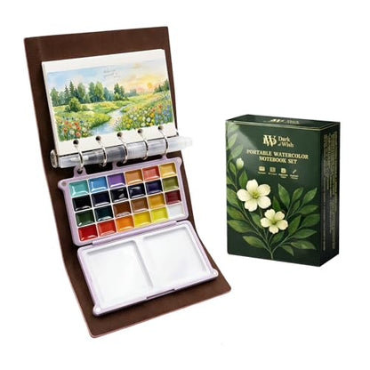 DarkWish Premium Mini Travel Watercolor Sketchbook Set - 24 Colors & Water Brush, PU Leather Urban Sketching Pocket Art Pad with 300gsm Black/White Paper, Plein Air Gift for Adults (Pink) - color: Pink