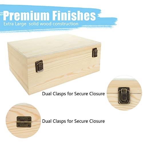 DAJAVE Unfinished Wooden Box, 12x9x5 Inch Large Wooden Box with Hinged Lid and Front Clasp, Pine Wood Box DIY Craft Stash Boxes for Arts Hobbies and Home Storage