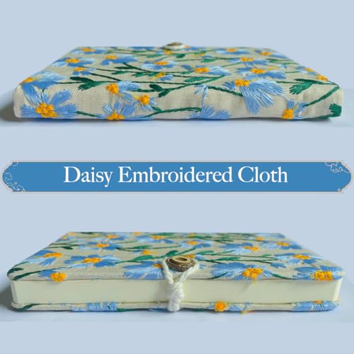 A5 Sketchbook, Flower Notebook, Embroidered Journal, Daisy Gifts for Women, 8"x6" Notebook, Hardcover, Lay Flat, Personalized Notebook, Unlined Notebook, Plain Journal, Blue Daisy - color: A5-Button-Blue, style: Plain