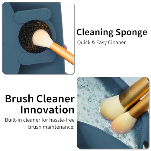Travel Makeup Brush Holder with Cleaning Pad -Silicone Brush Organizer Case, Magnetic Closure Waterproof Cosmetic Bag for Easy Storage & On-the-Go Cleaning (9.05 Inch) - color: Dark Blue